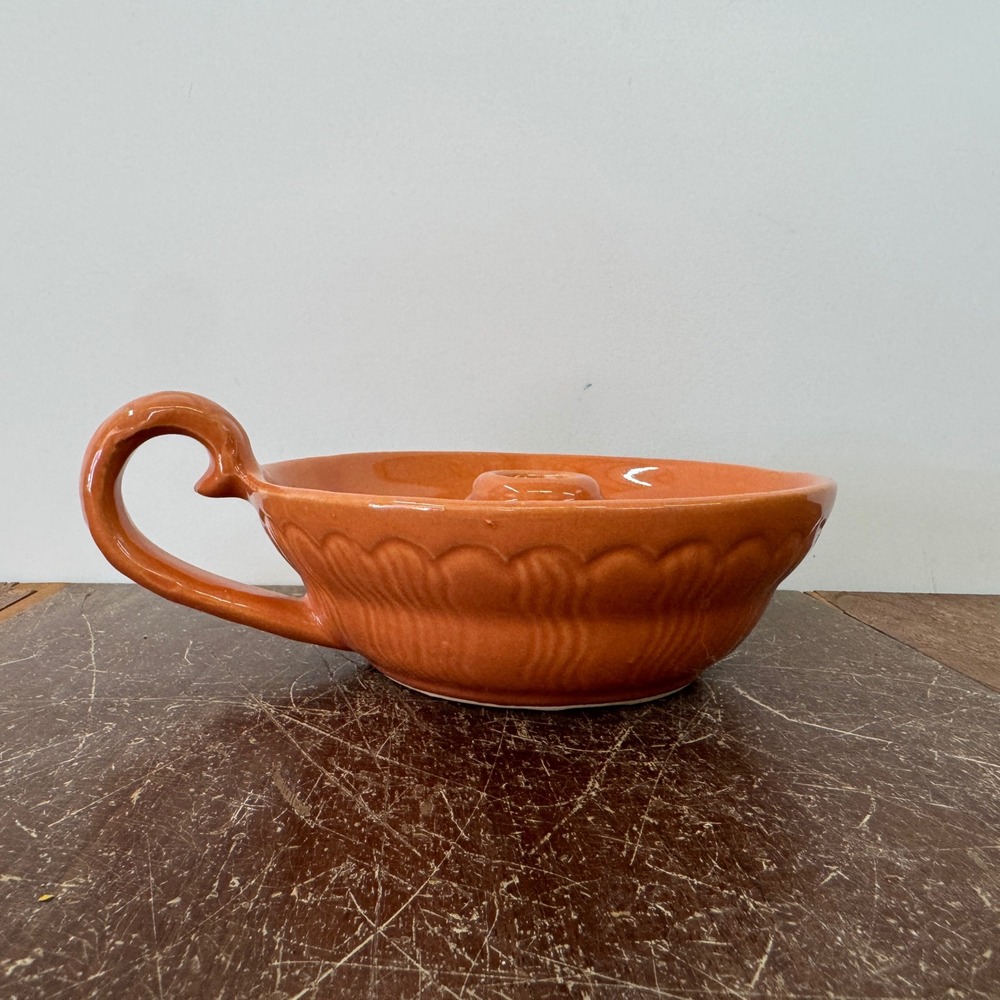 Shawnee Pottery 3026 Orange Ceramic Candle Holder Dish Handle Embossed Design‎